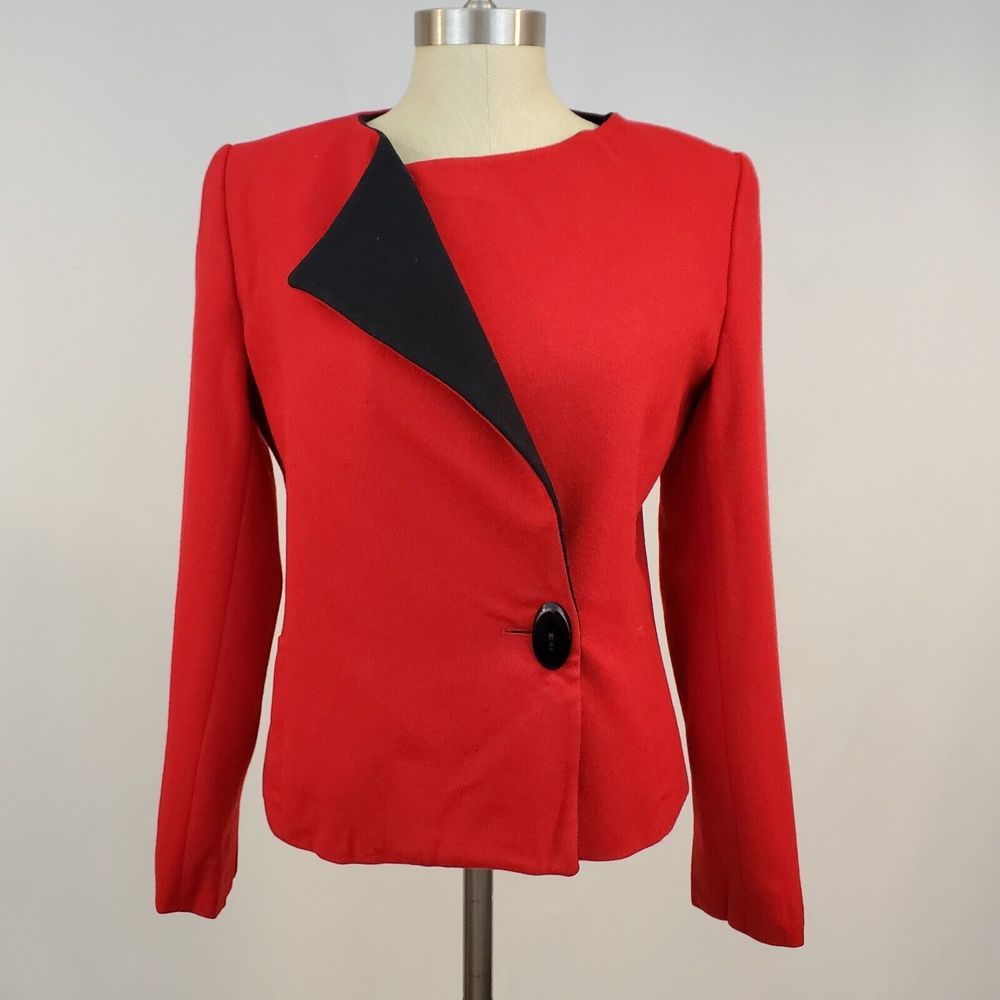 Jim Baldwin 80s Wool Blazer Jacket Red Black Asymmetric sz 8 made in USA Vintage